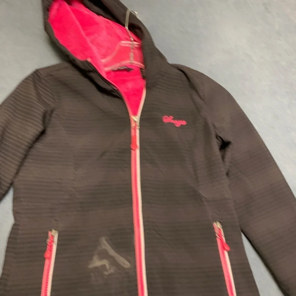 Snozu Softshell Jacket Girls S 7-8 Black Pink Sherpa Lined Hooded Thumb Holes